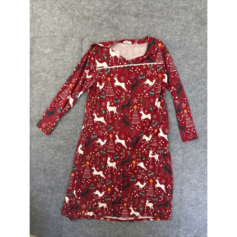Aviier Flannel Nightgown Holidays Deer Pockets- Size L Soft Warm Heavy
